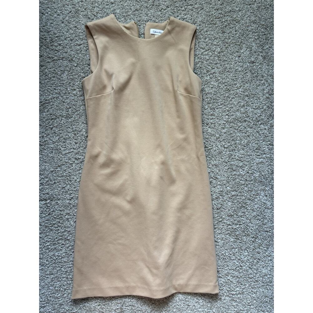 Calvin Klein Tan Sleeveless Sheath Dress Size 8 Career Office Stretch - Picture 2 of 9